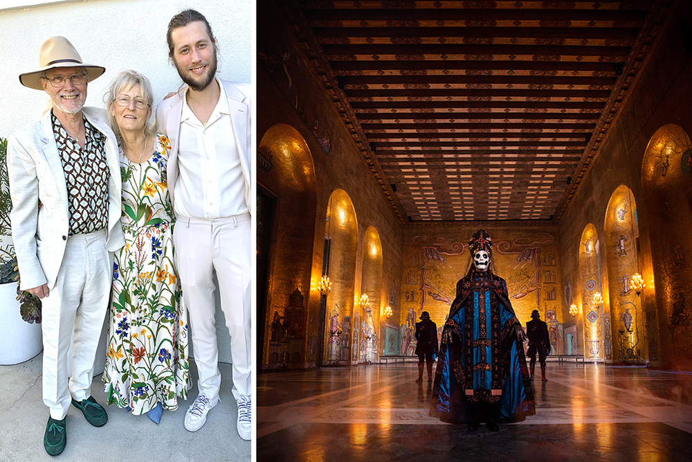 T.v. Ludwig Göransson till höger tillsammans med sin pappa Tomas och mamma Maria. T.h. Tobias Forge som Papa Emeritus i gruppen Ghost. Foto: Micke Eriksson